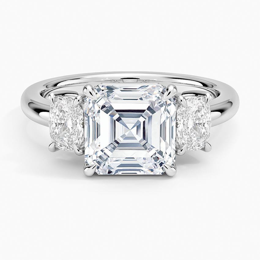 Faye Elongated Cushion Three Stone Diamond Ring Platinum Asscher Engagement Ring
