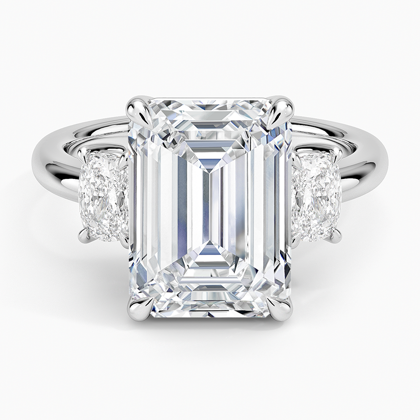 Faye Elongated Cushion Three Stone Diamond Ring Platinum Emerald Engagement Ring