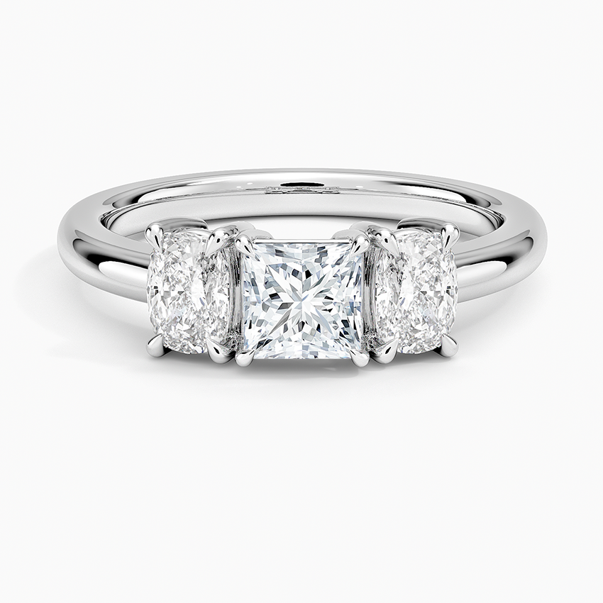 Faye Elongated Cushion Three Stone Diamond Ring Platinum Princess Engagement Ring