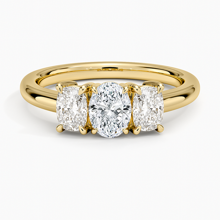 Faye Elongated Cushion Three Stone Diamond Ring Yellow Gold 18k Oval Engagement Ring
