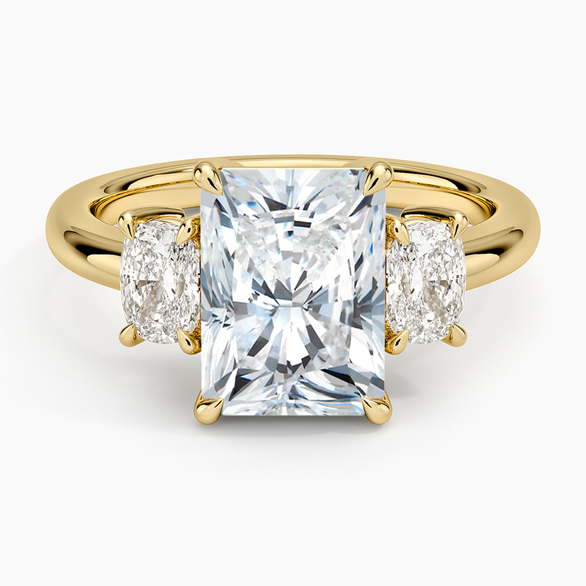 Faye Elongated Cushion Three Stone Diamond Ring Yellow Gold 18k Radiant Engagement Ring