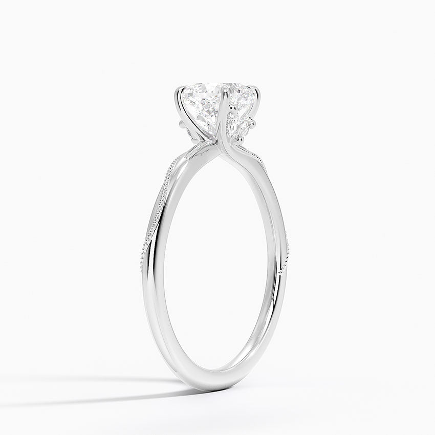 Adorned Camellia Milgrain Diamond Ring Platinum Cushion Engagement Ring
