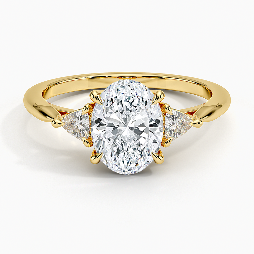 Trillion Cut Three Stone Diamond Ring Yellow Gold 18k Oval Engagement Ring
