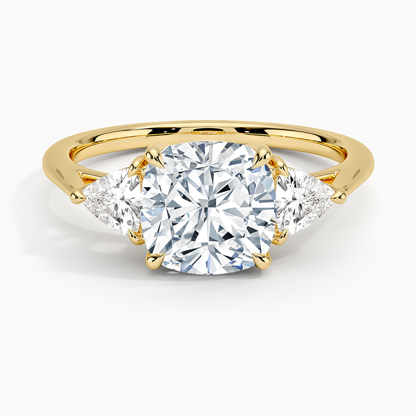 Luxe Trillion Cut Three Stone Diamond Ring Yellow Gold 18k Cushion Engagement Ring