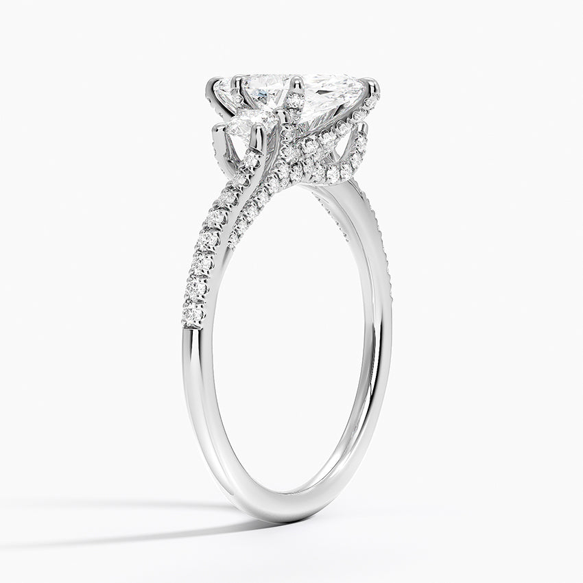 Luxe Delilah Three Stone Pave Diamond Ring Platinum Marquise Engagement Ring