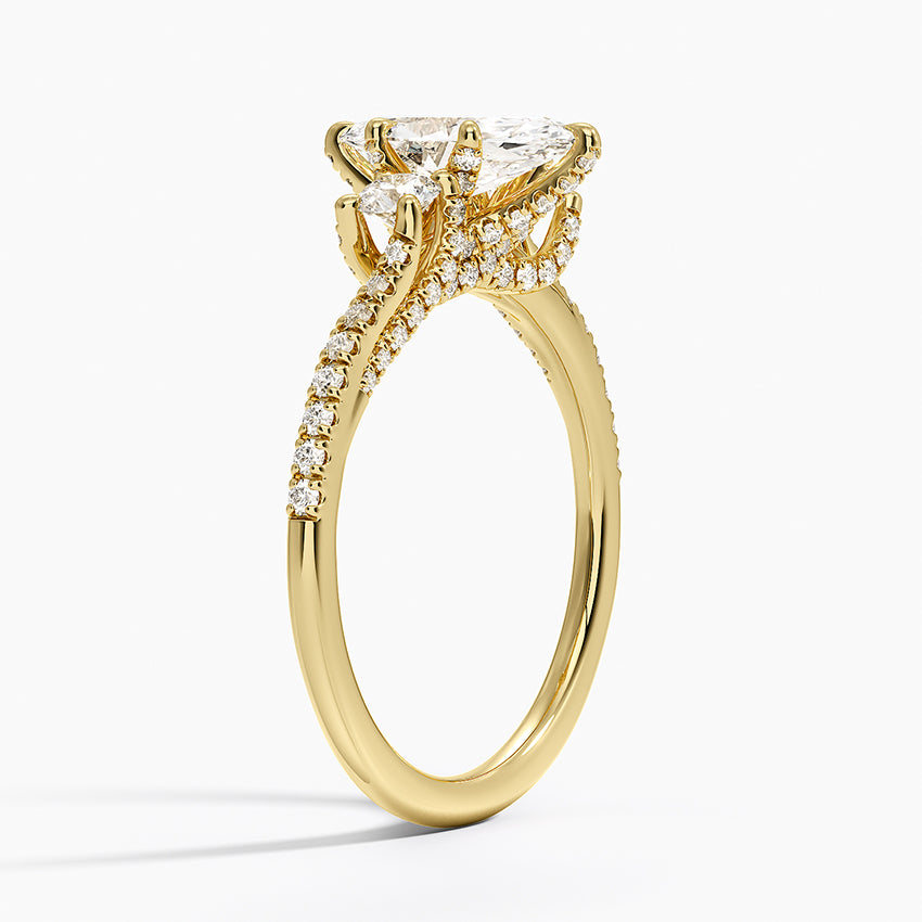 Luxe Delilah Three Stone Pave Diamond Ring Yellow Gold 18k Marquise Engagement Ring