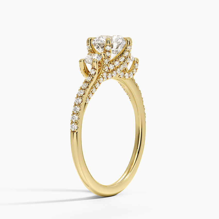 Luxe Delilah Three Stone Pave Diamond Ring Yellow Gold 18k Round Engagement Ring