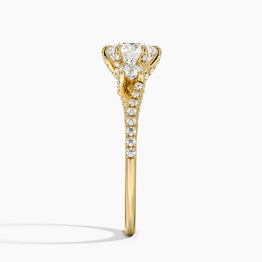 Luxe Delilah Three Stone Pave Diamond Ring Yellow Gold 18k Round Engagement Ring