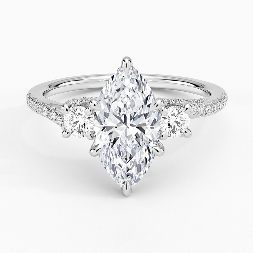 Luxe Delilah Three Stone Pave Diamond Ring Platinum Marquise Engagement Ring