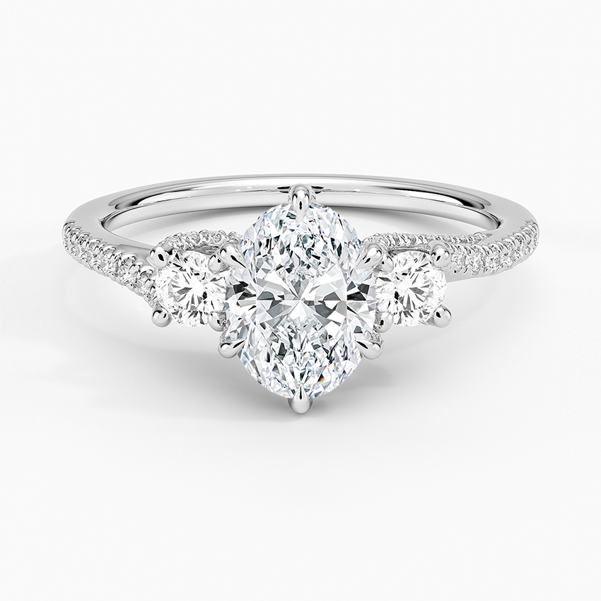 Luxe Delilah Three Stone Pave Diamond Ring Platinum Oval Engagement Ring