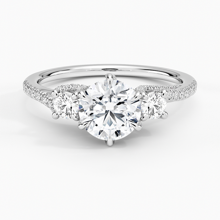 Luxe Delilah Three Stone Pave Diamond Ring Platinum Round Engagement Ring