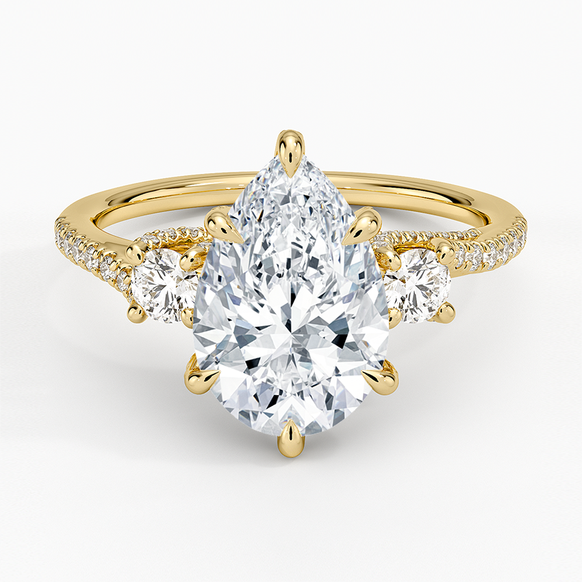 Luxe Delilah Three Stone Pave Diamond Ring Yellow Gold 18k Pear Engagement Ring