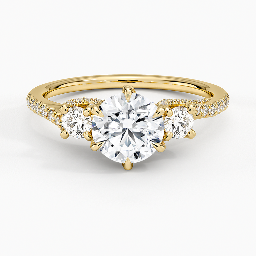 Luxe Delilah Three Stone Pave Diamond Ring Yellow Gold 18k Round Engagement Ring