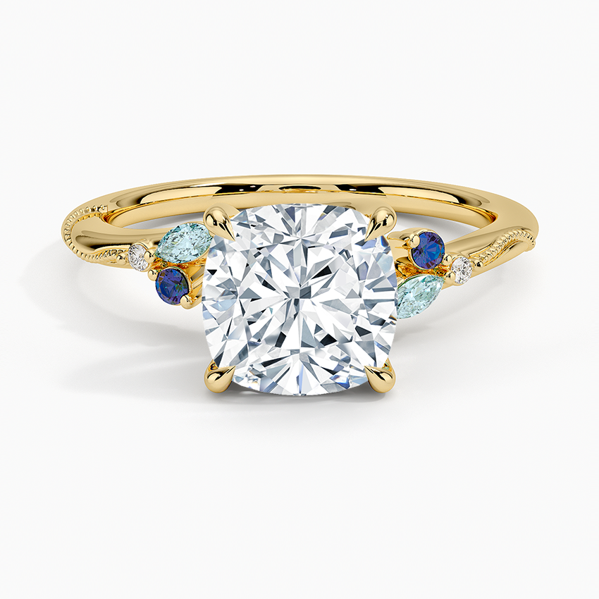 Camellia Indigo Milgrain Ring Yellow Gold 18k Cushion Engagement Ring