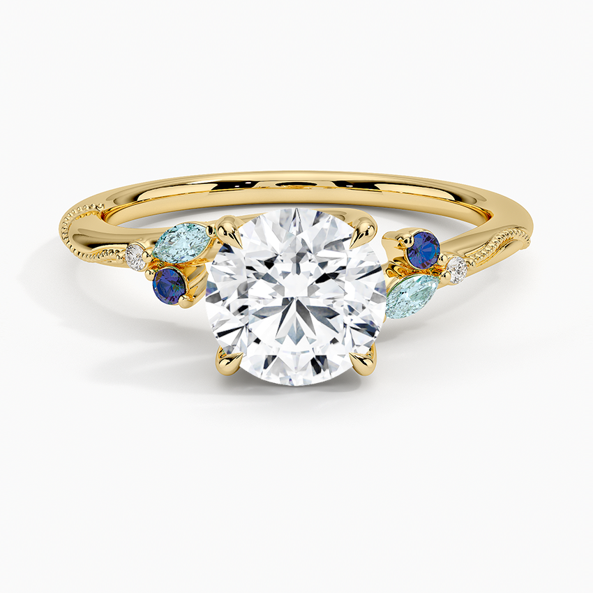 Camellia Indigo Milgrain Ring Yellow Gold 18k Round Engagement Ring