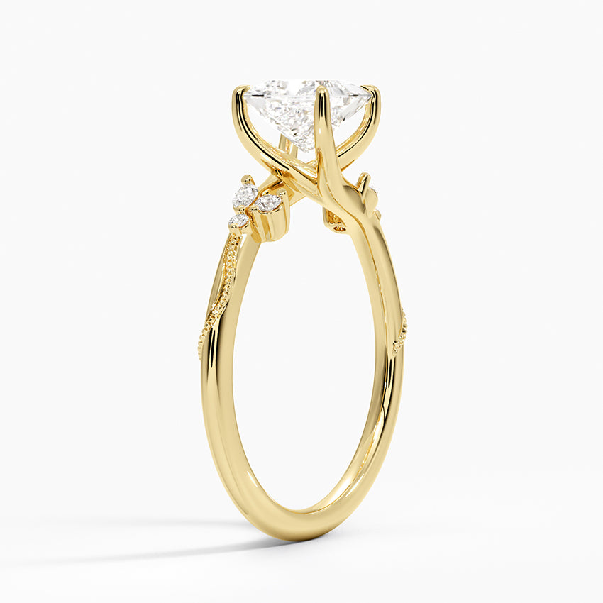 Camellia Milgrain Diamond Ring Yellow Gold 18k Princess Engagement Ring