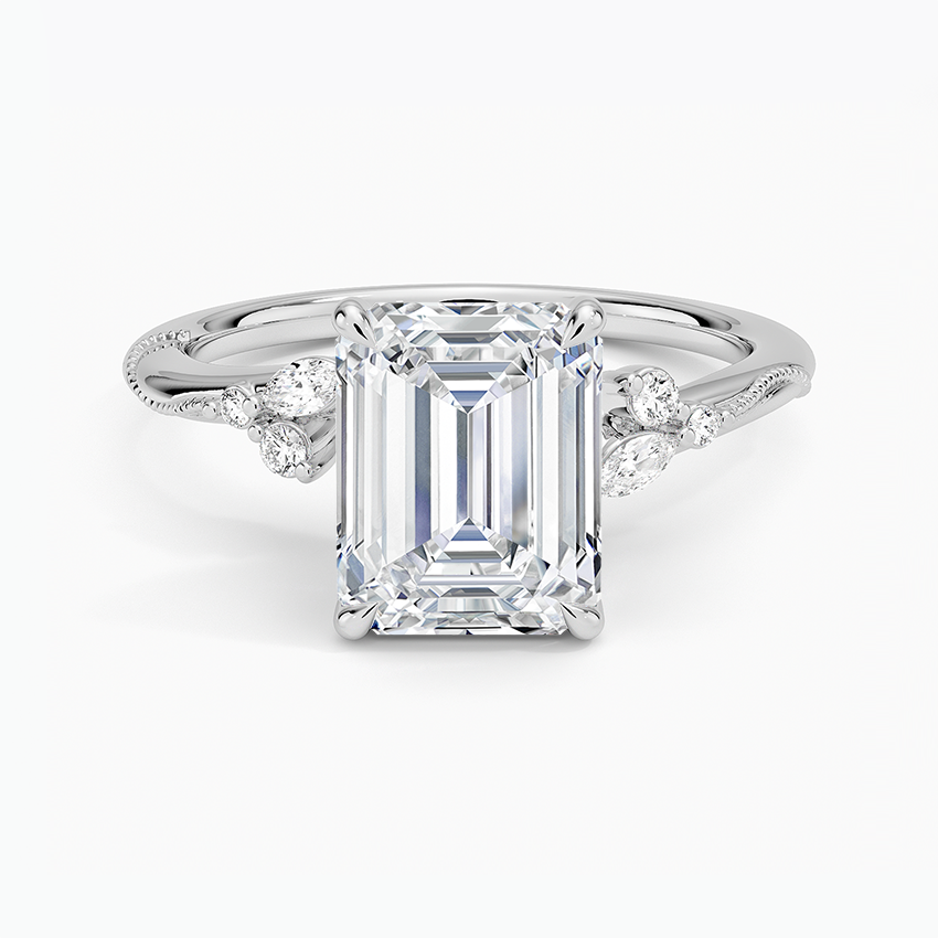 Camellia Milgrain Diamond Ring Platinum Emerald Engagement Ring