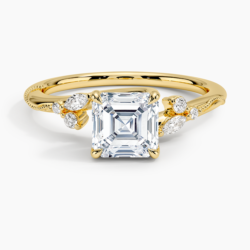 Camellia Milgrain Diamond Ring Yellow Gold 18k Asscher Engagement Ring
