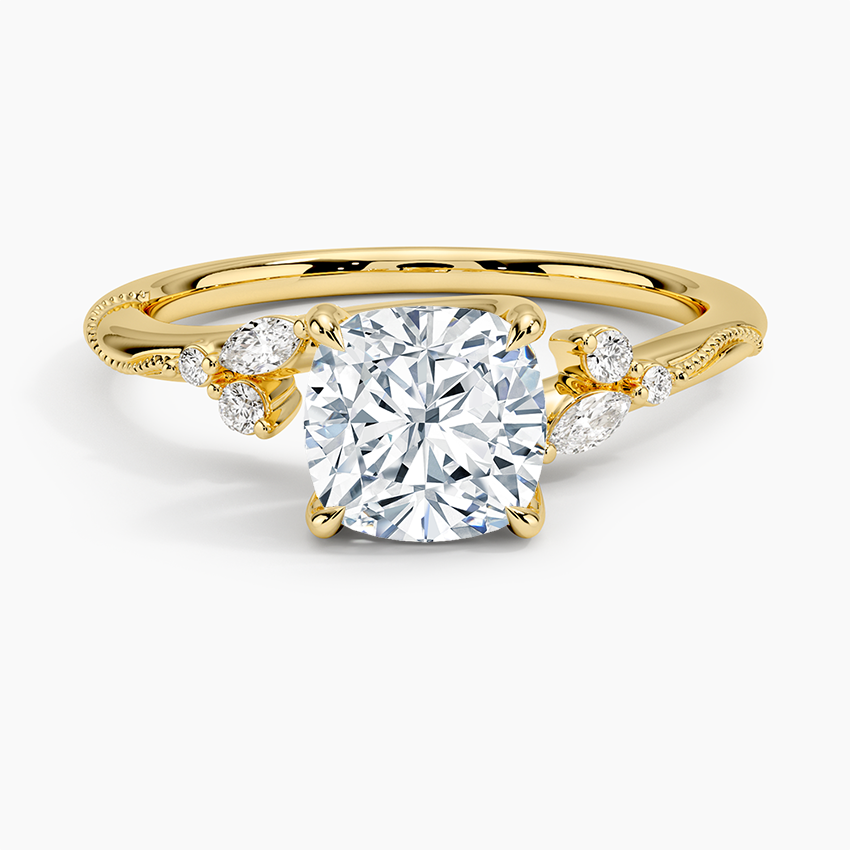 Camellia Milgrain Diamond Ring Yellow Gold 18k Cushion Engagement Ring