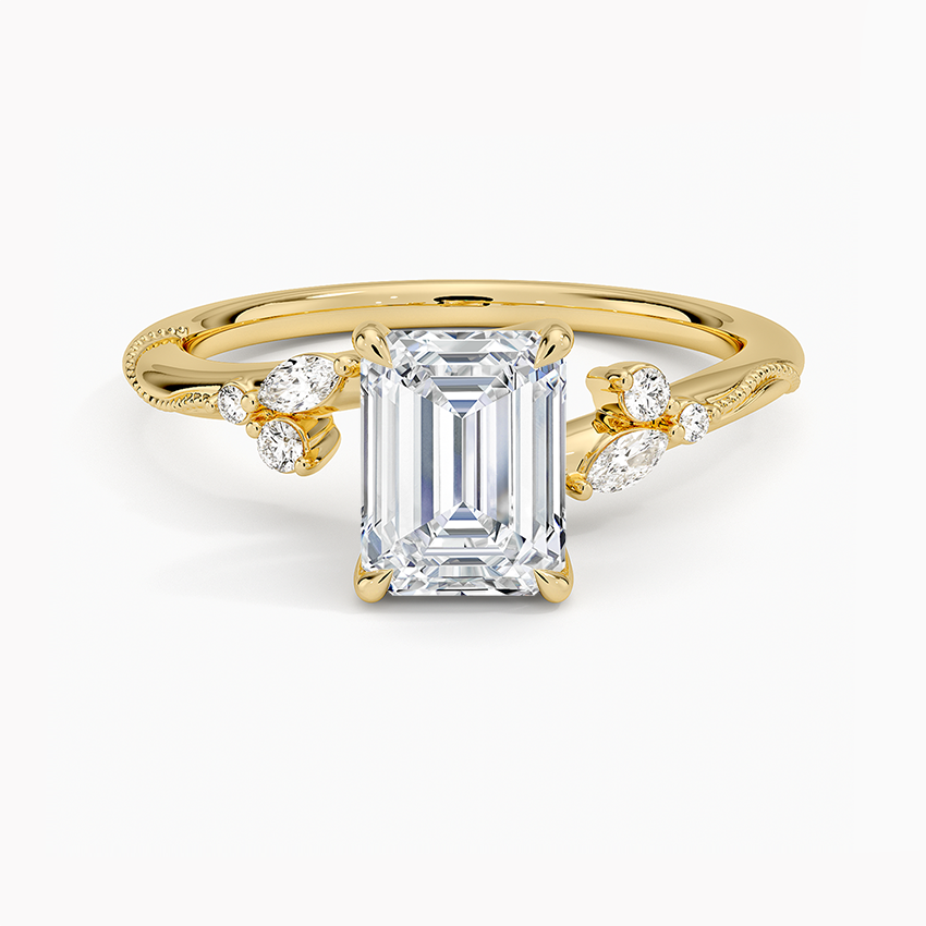 Camellia Milgrain Diamond Ring Yellow Gold 18k Emerald Engagement Ring
