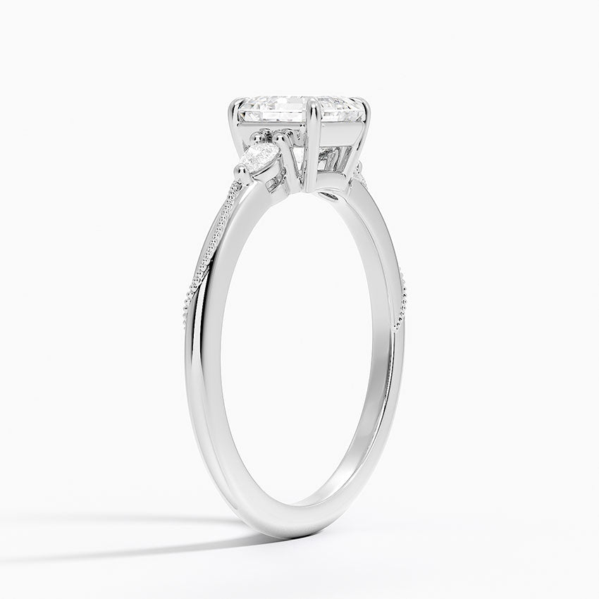 Camellia Three Stone Pear Diamond Ring Platinum Asscher Engagement Ring