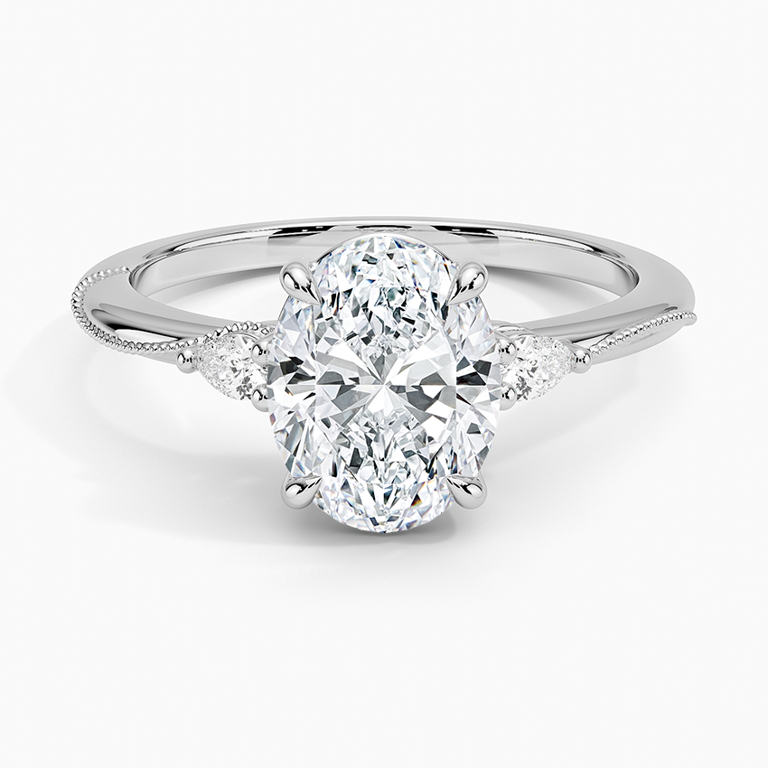 Camellia Three Stone Pear Diamond Ring Platinum Oval Engagement Ring