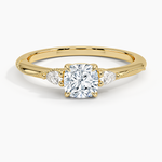 Camellia Three Stone Pear Diamond Ring Yellow Gold 18k Cushion Engagement Ring