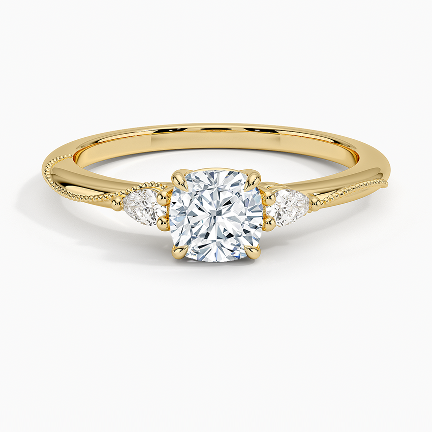Camellia Three Stone Pear Diamond Ring Yellow Gold 18k Cushion Engagement Ring