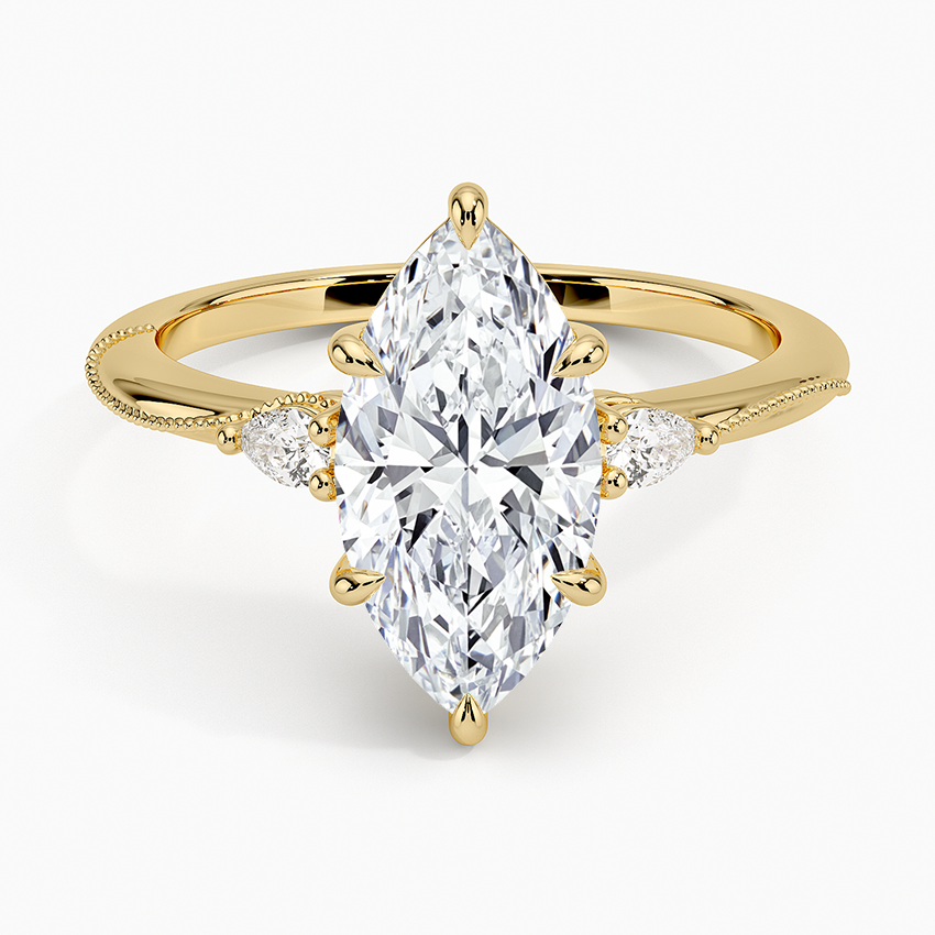 Camellia Three Stone Pear Diamond Ring Yellow Gold 18k Marquise Engagement Ring