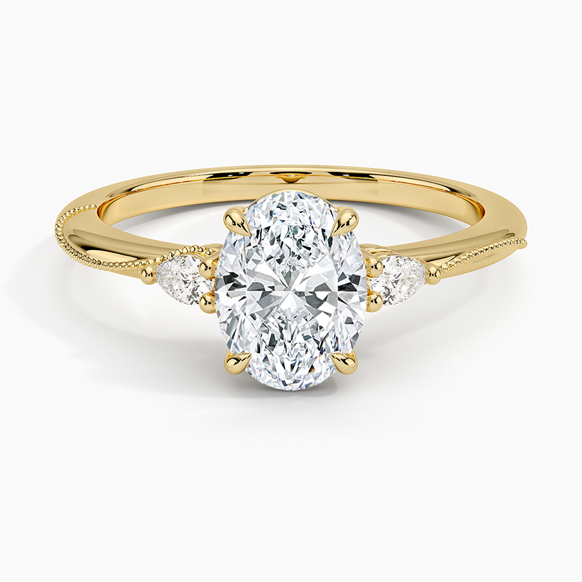 Camellia Three Stone Pear Diamond Ring Yellow Gold 18k Oval Engagement Ring