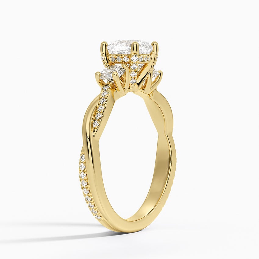 Adorned Petite Twisted Vine Three Stone Diamond Ring Yellow Gold 18k Cushion Engagement Ring