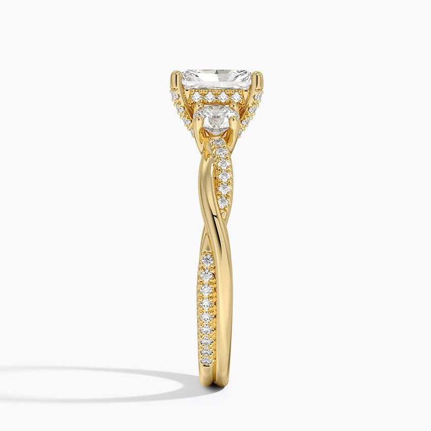 Adorned Petite Twisted Vine Three Stone Diamond Ring Yellow Gold 18k Radiant Engagement Ring