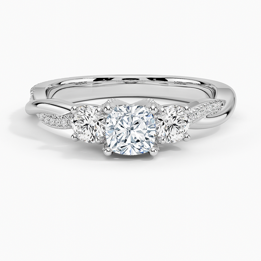 Adorned Petite Twisted Vine Three Stone Diamond Ring Platinum Cushion Engagement Ring