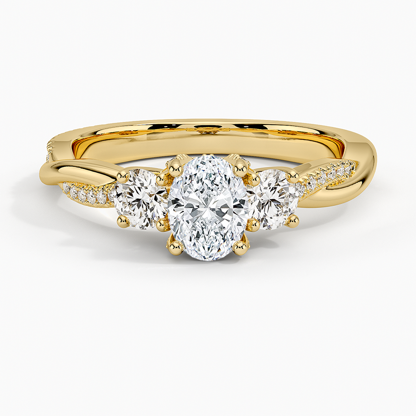Adorned Petite Twisted Vine Three Stone Diamond Ring Yellow Gold 18k Oval Engagement Ring