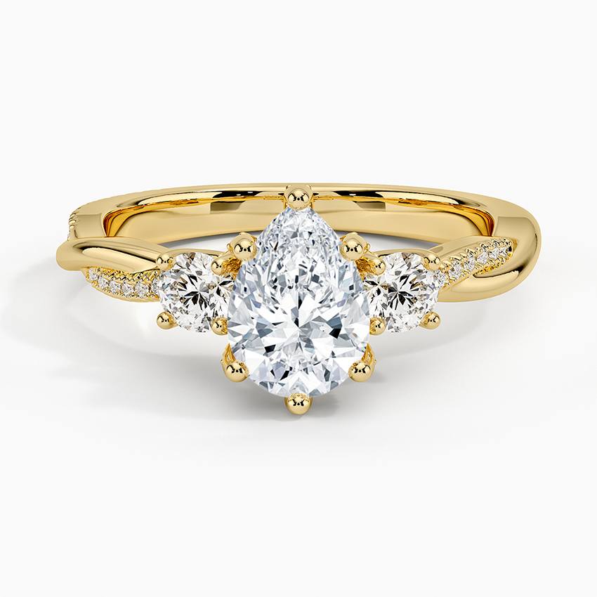Adorned Petite Twisted Vine Three Stone Diamond Ring Yellow Gold 18k Pear Engagement Ring