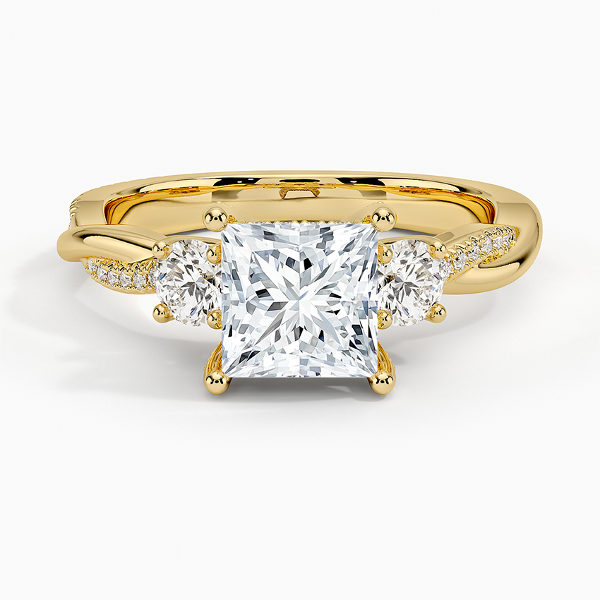 Adorned Petite Twisted Vine Three Stone Diamond Ring Yellow Gold 18k Princess Engagement Ring