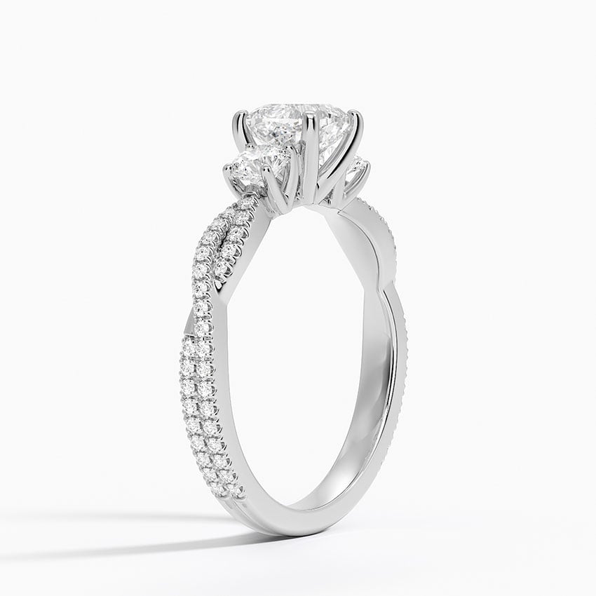 Luxe Three Stone Petite Twisted Vine Diamond Ring Platinum Cushion Engagement Ring