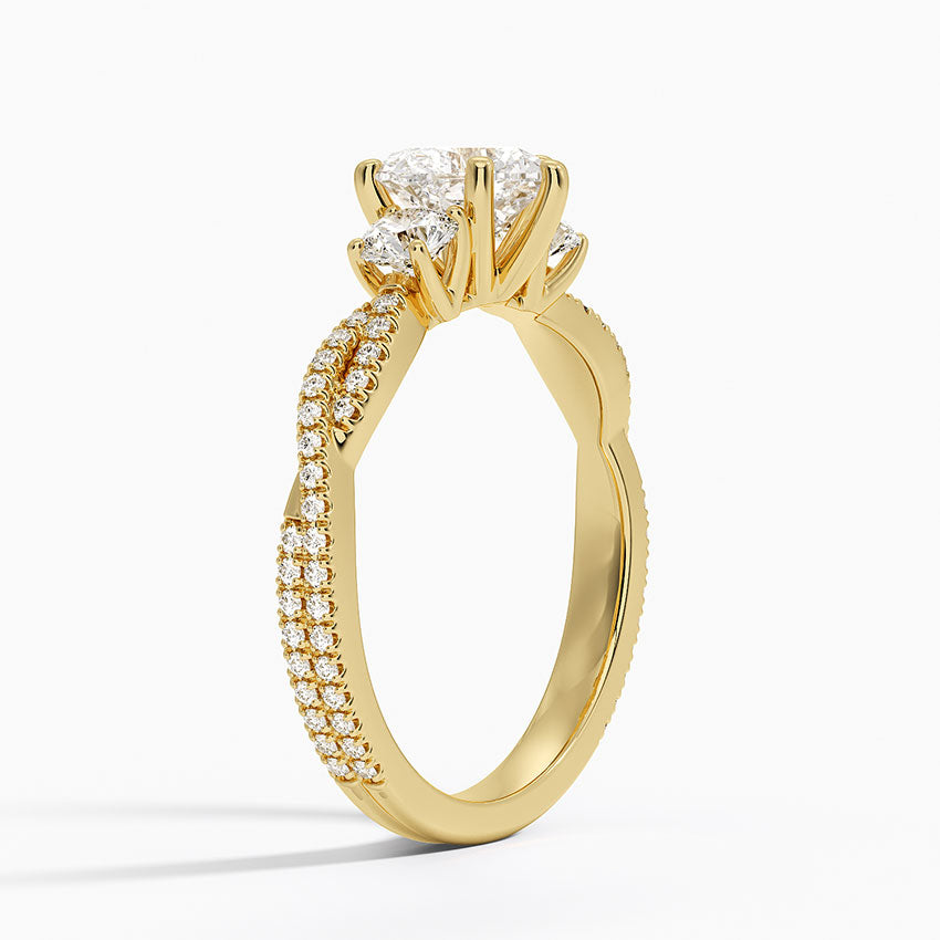 Luxe Three Stone Petite Twisted Vine Diamond Ring Yellow Gold 18k Heart Engagement Ring