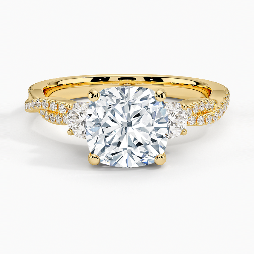 Luxe Three Stone Petite Twisted Vine Diamond Ring Yellow Gold 18k Cushion Engagement Ring