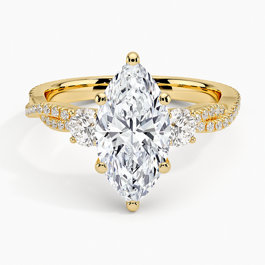 Luxe Three Stone Petite Twisted Vine Diamond Ring Yellow Gold 18k Marquise Engagement Ring