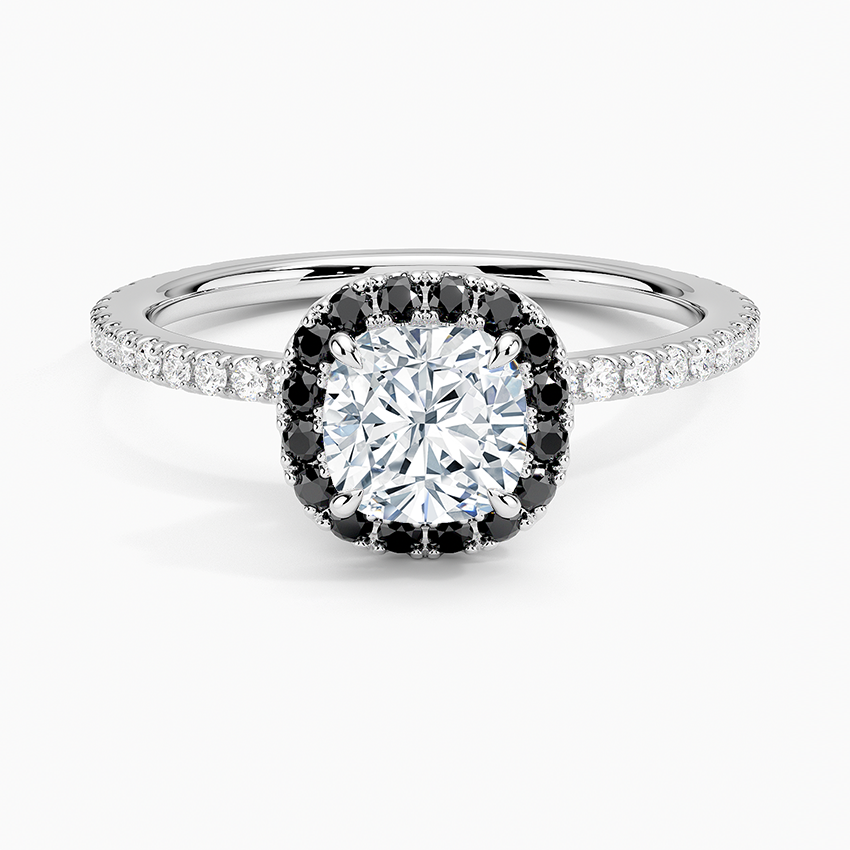 Waverly Halo Diamond Ring with Black Diamond Accents Platinum Cushion Engagement Ring