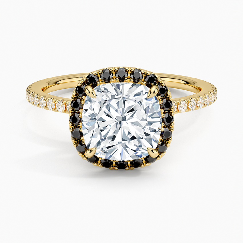 Waverly Halo Diamond Ring with Black Diamond Accents Yellow Gold 18k Cushion Engagement Ring