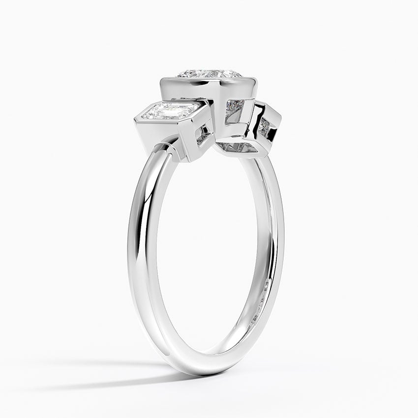 Rhiannon Bezel Three Stone Diamond Ring Platinum Cushion Engagement Ring