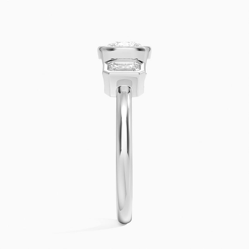 Rhiannon Bezel Three Stone Diamond Ring Platinum Cushion Engagement Ring