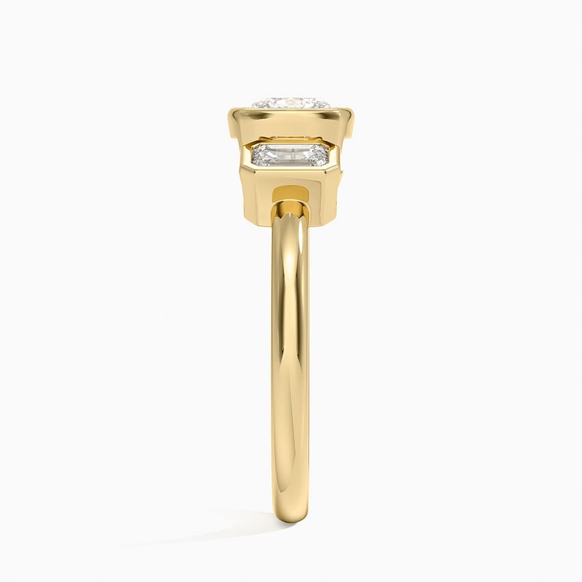 Rhiannon Bezel Three Stone Diamond Ring Yellow Gold 18k Cushion Engagement Ring