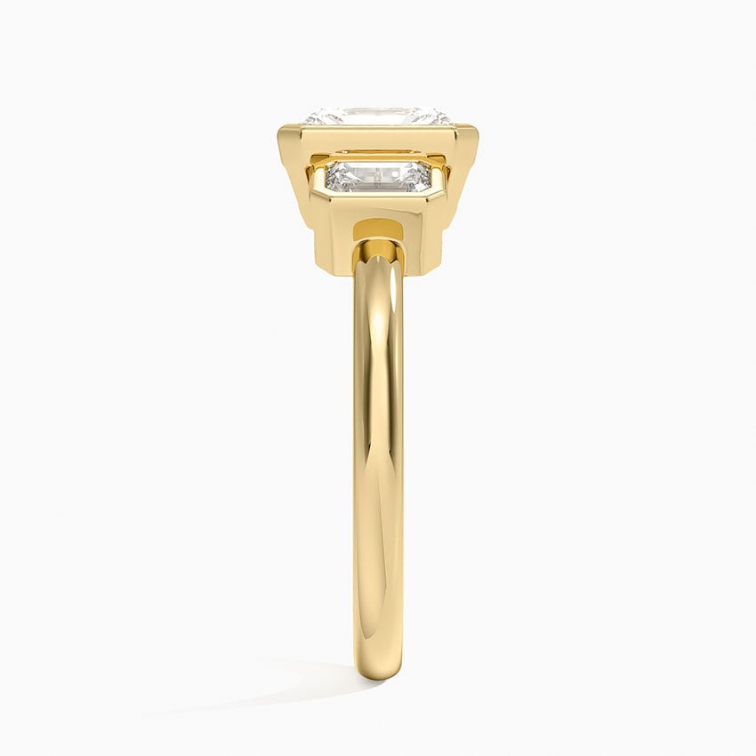 Rhiannon Bezel Three Stone Diamond Ring Yellow Gold 18k Radiant Engagement Ring