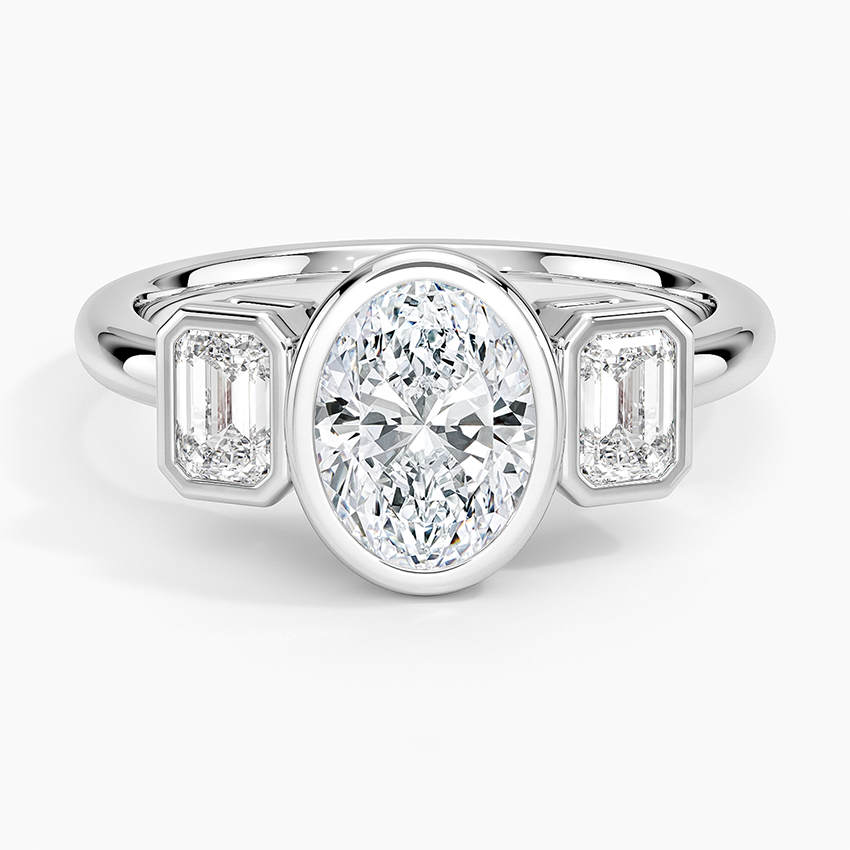 Rhiannon Bezel Three Stone Diamond Ring Platinum Oval Engagement Ring