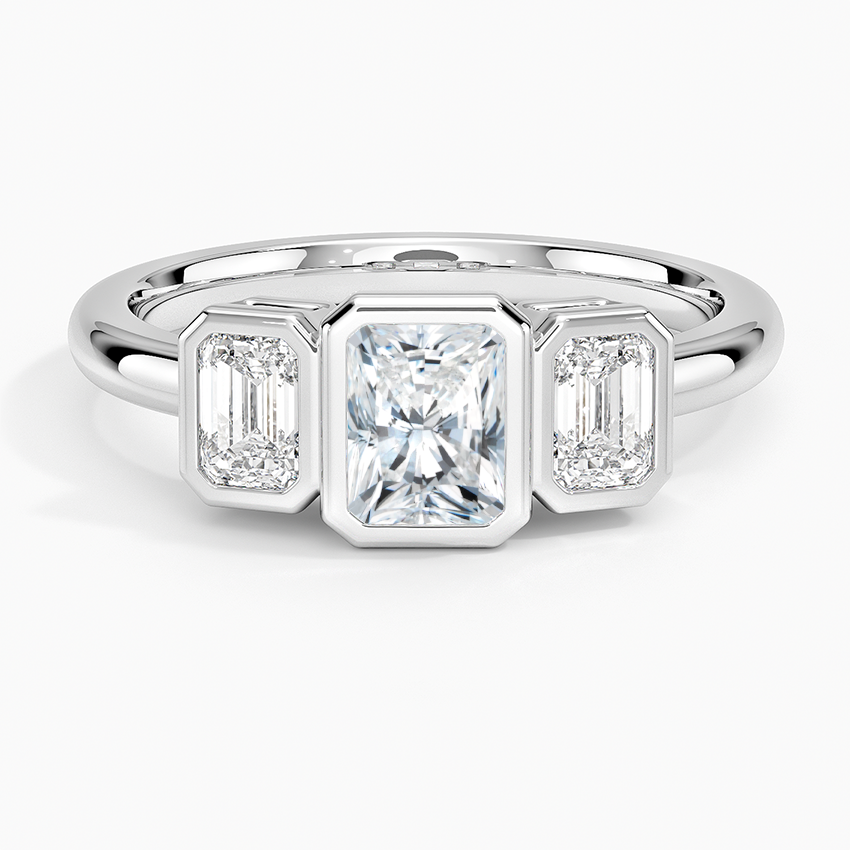 Rhiannon Bezel Three Stone Diamond Ring Platinum Radiant Engagement Ring