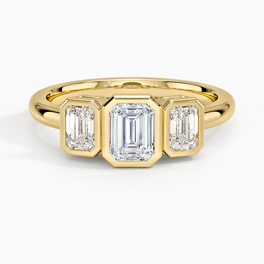 Rhiannon Bezel Three Stone Diamond Ring Yellow Gold 18k Emerald Engagement Ring