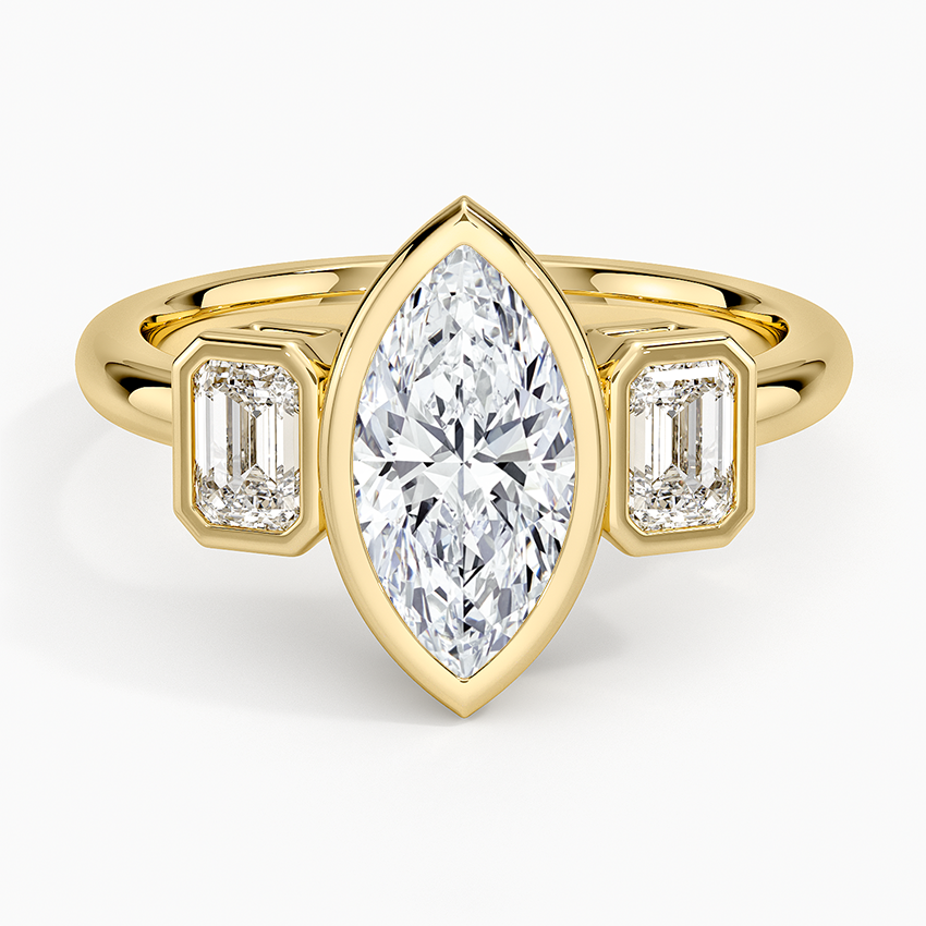 Rhiannon Bezel Three Stone Diamond Ring Yellow Gold 18k Marquise Engagement Ring